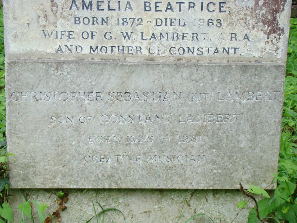 Former Who co-manager Kit Lambert—Brompton Cemetery. (Horrible addition to an existing stone. Give him his own one.)