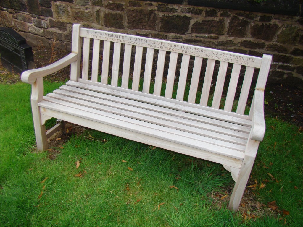 Stuart Sutcliffe memorial bench—Huyton Parish Church (St. Michael), Merseyside.